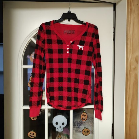 Victoria's Secret Pink Red Black Checked Thermal Pajama Set Women's M - Picture 1 of 3